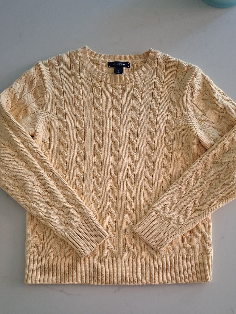 Lands' End Butter/Lemon Yellow 100% Cotton Crewneck Cable-knit Sweater (Size SP)